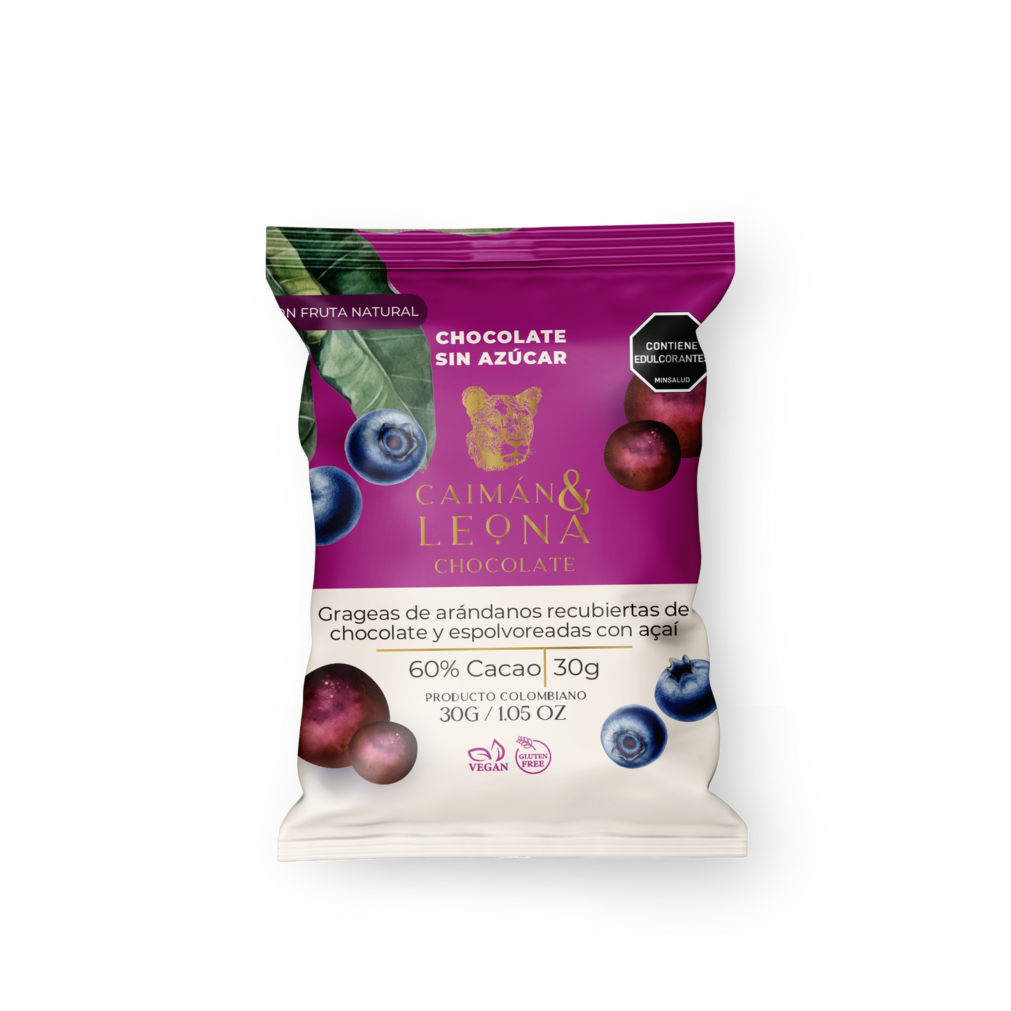 Grageas de arándanos recubiertas con chocolate y espolvoreadas con açaí